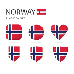 Norway 3d flag icons of 6 shapes all isolated on white background.