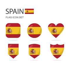 Spain 3d flag icons of 6 shapes all isolated on white background.