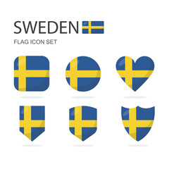 Sweden 3d flag icons of 6 shapes all isolated on white background.