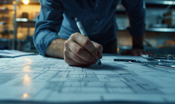 an architect's hands drawing a detailed blueprint on the worktable