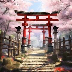 Serene Torii Gate Amidst Cherry Blossoms