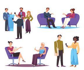 Journalists, interviews with people, set of flat vector illustrations