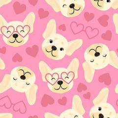 Obraz premium Pink seamless pattern of French bulldog heads with hearts