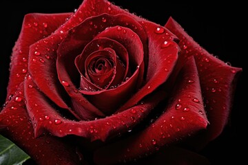 A close-up photo of a vibrant red rose with sparkling water droplets on its petals, capturing the beauty of nature.
