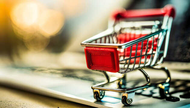 E commerce shopping cart toy. Online sale, marketing and payment with discount picture.