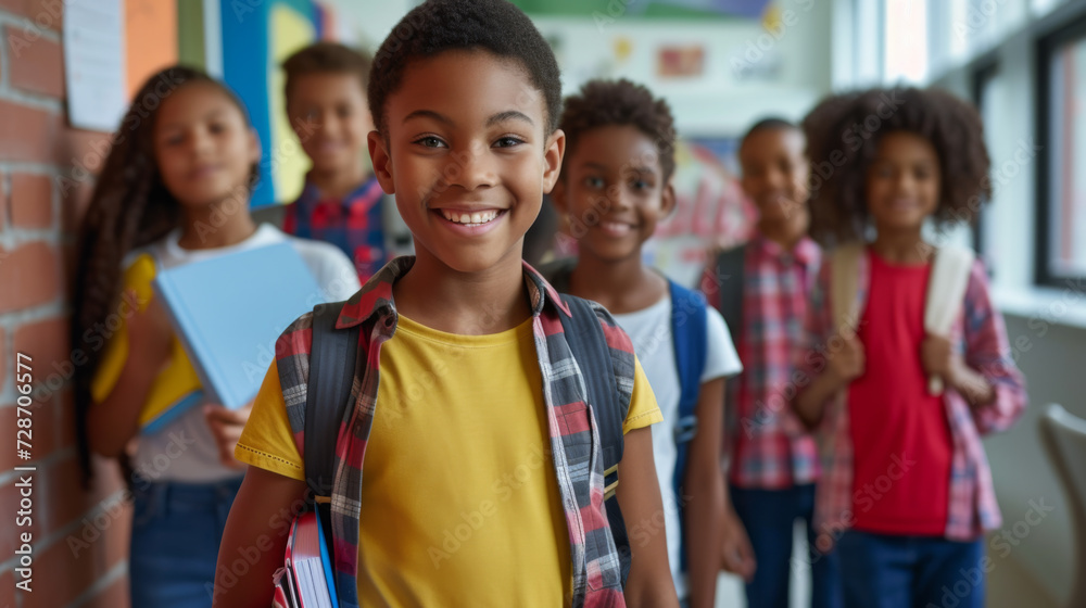 Poster a group of cheerful children with backpacks, holding books and smiling at the camera, likely standing in a school hallway