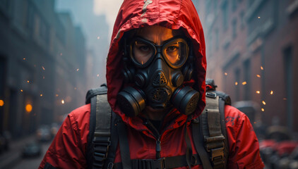 A woman with a gas mask and an escape backpack