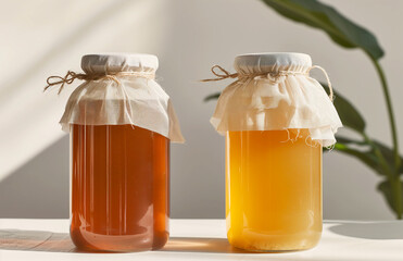 Two jars of homemade fermented kombucha tea mushroom beverage on a wooden table.