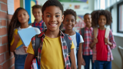 a group of cheerful children with backpacks, holding books and smiling at the camera, likely standing in a school hallway