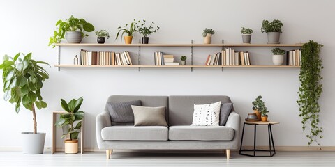 Bright living room with gray couch, plants, and shelves.