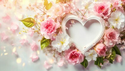 Romantyczne tło z różami i ramką w kształcie serca z białą kartką papieru i miejscem na...