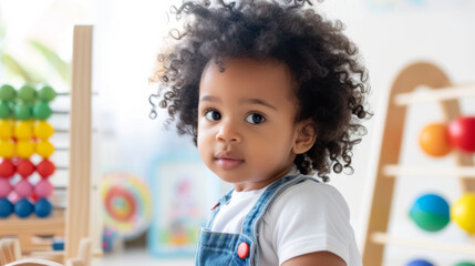 young child is thoughtfully engaged with an abacus, suggesting a learning or play environment.