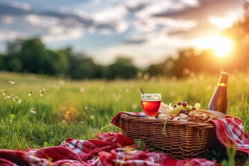 Wicker basket with fruits, cheese, food and drinks on a light blanket on a green lawn park in the sun. Concept of summer vacation with family in nature
