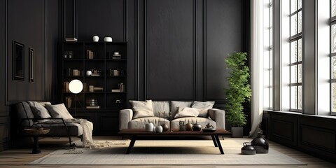 Monochrome living space with dark furnishings and a window.