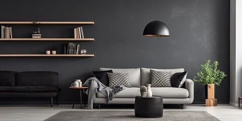 Modern gray living room with black and white decor, including furniture and lighting.