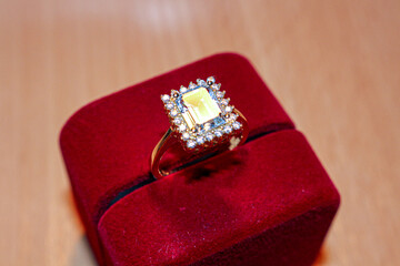 Blue Topaz Gold Ring Square Stone. Swiss Blue Topaz. Blue Gemstone. Prong Setting Rectangular Ring. Ring Jewelry Box. Red Velvet Ring Box