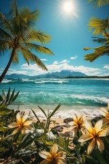 Fototapeta na wymiar Tropical flowers frame a sunlit beach with foamy waves and distant mountains