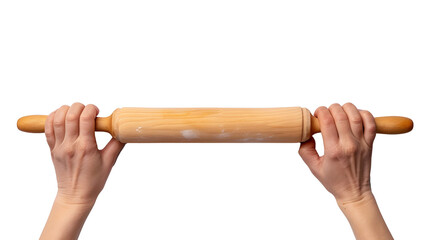 Flat lay image of hands using rolling pin, isolated on transparent background. 