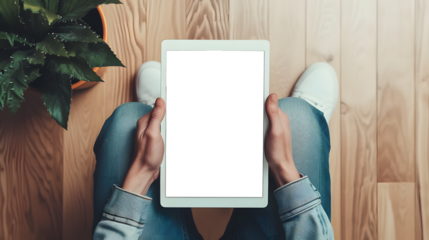 First Person View of Woman Using Tablet with Transparent Display
