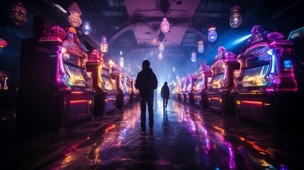 A person from the back in an elegant suit stands in front of the entrance to a casino in neon light.
Concept: nightlife and advertising of entertainment venues. Case studies about the psychology of ga - obrazy, fototapety, plakaty