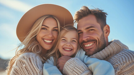 joyful moment of a family consisting of a mother, father, and their young daughter, all smiling and cuddling together in an outdoor setting with a clear blue sky in the background.