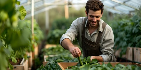 Smiling man tending to plants in a sunny greenhouse. casual gardener at work. sustainable living. organic farming. AI