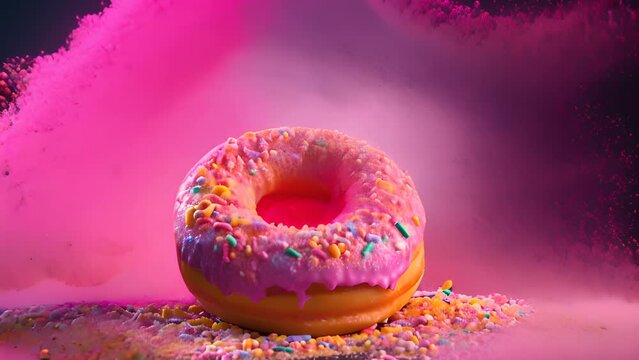 Donut expressive shot with topping and sugar powder splash. Tasty donut food styling image