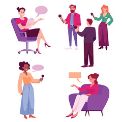 Journalists conducting interviews and reporting news, flat vector isolated.
