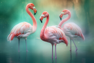 Several flamingos are resting in the pond.