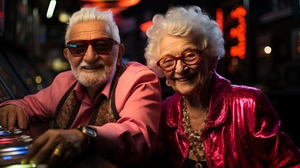 Obraz premium An elderly couple plays in a casino with smiles, surrounded by bright lights and chips on the gaming table. Concept: older people leading an active and cheerful lifestyle, entertainment activities 