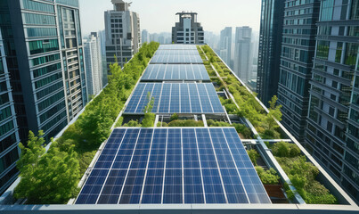 urban green rooftop with solar panels among high-rise buildings