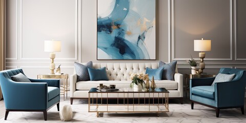 Photo of an elegant living room with blue furniture, coffee table, carpet, and artwork on gray walls.