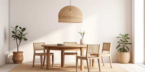 Minimalist template for a boho and cozy dining room, featuring a round family table, rattan chairs, pendant lamp, commode, carpet, decoration, and personal accessories.