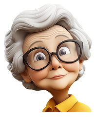 Closeup of surprised senior woman in glasses with wide open eyes. 3D  illustration on transparent background