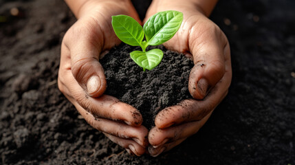 pair of hands holds a small amount of soil with a young green plant growing from the center