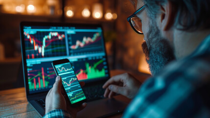 a person is holding a smartphone with stock market data on the screen, with a blurred background showing a computer monitor with financial graphs