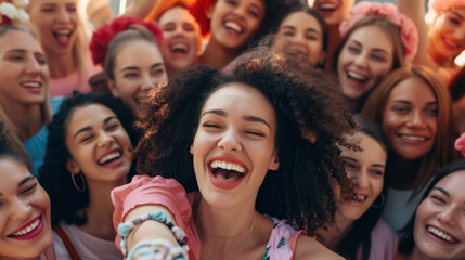 multiethnic group of joyous females  celebrating together outdoors, by taking a selfie for woamen's day  - obrazy, fototapety, plakaty