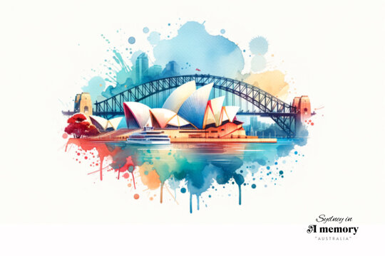 A simple, elegant watercolour image of the Sydney Opera House with the Harbour Bridge in the background