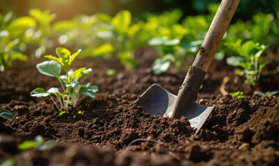 garden shovel in soil ready for planting in a sustainable garden