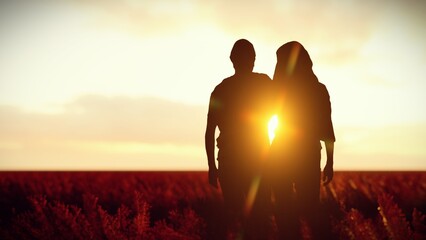 Adult Couple Embracing in Red Meadow with Sunlight in the Evening 3D Rendering Lover in Silhouette.