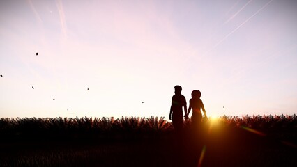 Silhouette Couple Holding Hands in Open Field with Sunshine and Copy Space 3D Rendering.