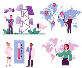 Meteorologists predict and forecast the weather, vector illustration isolated.