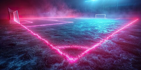 Isolated in white background,3d render, neon soccer field scheme, football playground, virtual sportive game, pink blue glowing line. - obrazy, fototapety, plakaty