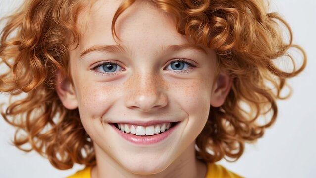 Primer plano de ni&ntilde;o pelirojo, sonriendo, mirando a c&aacute;mara, sobre fondo blanco