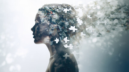 Woman profile made of jigsaw puzzle pieces, concept of mental health, disorder