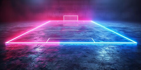 Isolated in white background,3d render, neon soccer field scheme, football playground, virtual sportive game, pink blue glowing line.