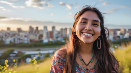 Portrait of native american woman smiling on camera with city in background - Indigenous girl outdoor - Model by AI generative - obrazy, fototapety, plakaty