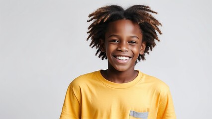 Rostro de niño afro, sonriente, con playera amarilla, sobre fondo blanco