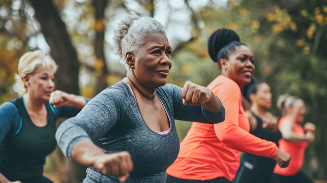Group of multiracial fit women doing boxing sport routine outdoor - Focus on black senior woman - Healthy lifestyle concept