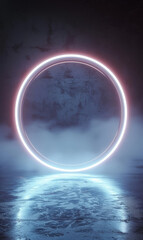 White neon portal with a misty atmosphere in an abstract setting.